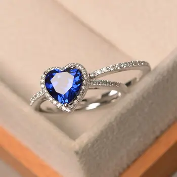 

S925 Silver Personality Ring Female European and American Court Heart-shaped Blue Crystal Ladies Temperament Ring with Jewelry