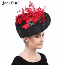 JaneVini Новая мода черная женская шляпа и вуалетки для свадьбы тюль перья бисером ручной работы большие Свадебные шляпы бруилофт Hoedje