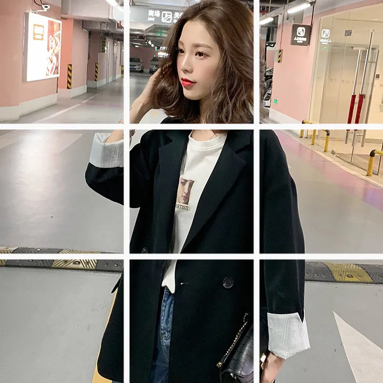 

2019 Spring New Style Retro British Style One-Button Black And White with Pattern Online Celebrity Small Suit Women's CHIC Casua