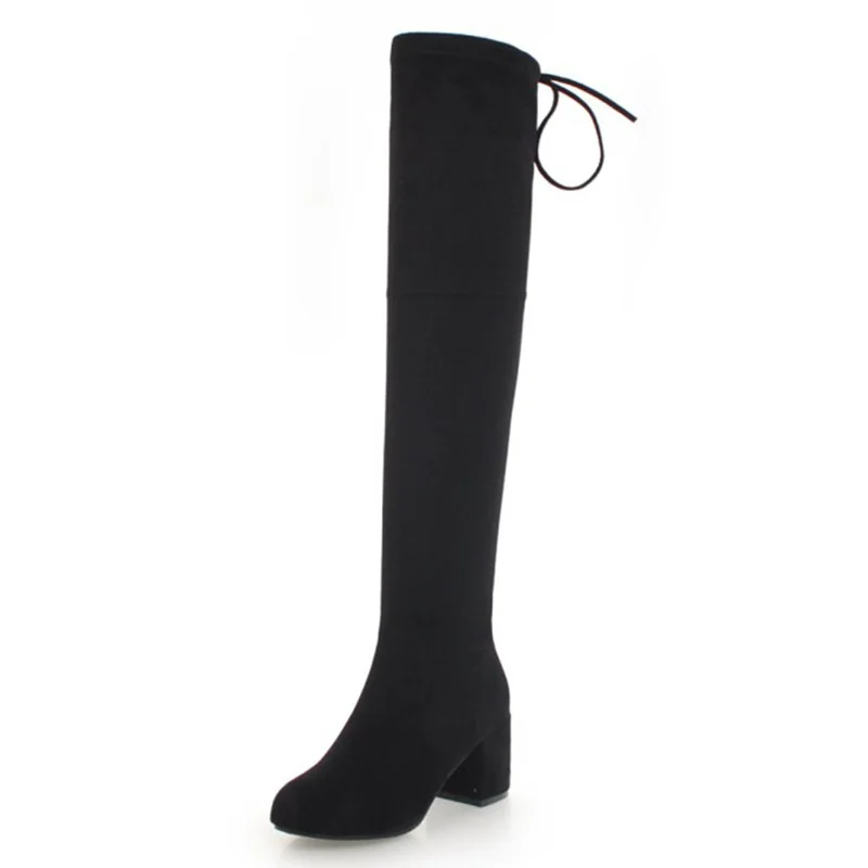 

KALENMOS Plus Size 33-46 Women Long Boots Block High Heel Slip on Over The Knee Boots Ladies Fashion Flock Autumn Winter Boots