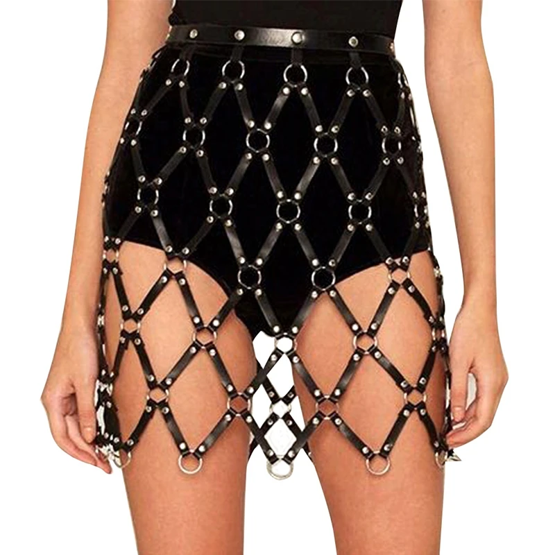 

Sexy Leather Hollow Grid Cage Skirt Buttocks Bondage Harness Erotic Lingerie Women Punk Club Carnival Costumes Fetish Garter