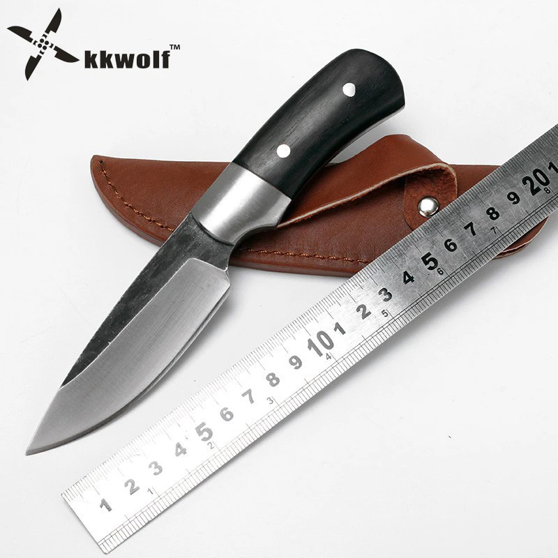 KKWOLF High-carbon steel fixed blade knife handmade forged hunting knife  EDC Outdoor Survival Tactical Knife Ebony handle rescue