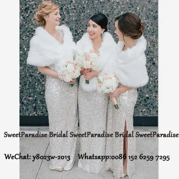 

Winter White Artificial Fur Wedding Wraps and Shawls 2020 V Neck Women Bridesmaid Jacket Bridal Accessories Gown