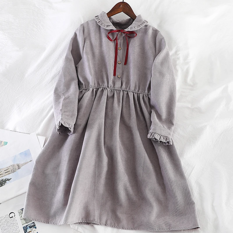 Women Dress Женское Плиссированное Бандажное платье с воротником «Питер Пэн» и расклешенными рукавами, с оборками и бантом, новинка, винтажный тонкий пуловер, кардиган, мини-платье на пуговицах - Цвет: Women Dress