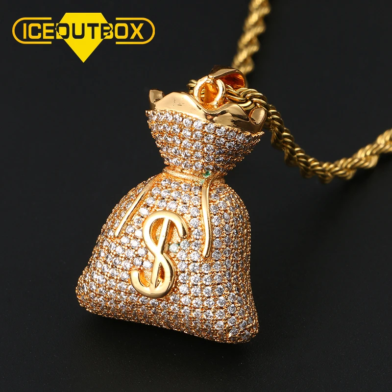 Classic US Dollar Money Bag Pendant necklace Double Side Charm Gold Silver Color Cubic Zircon Men's Hip Hop Jewelry Cuban Chain |
