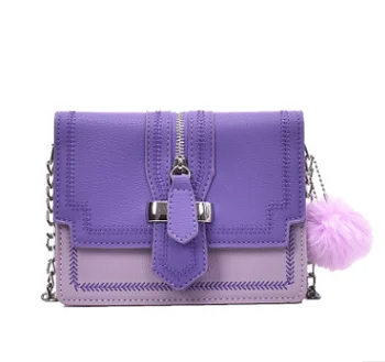 

2020 New Women PU Leather Multi-color Adjustable Strap Crossbody Bag Ladies Stylish Color Block Shoulder Bag with Pompom Pendant