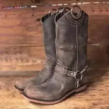 Женские сапоги до середины икры на низком каблуке; chaussure; винтажные сапоги-гладиаторы из искусственной кожи без застежки В рыцарском стиле; женская обувь; zapatos mujer sapato HP2247