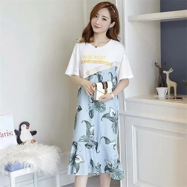 Небесно-голубой Сексуальные Платья для беременных с коротким рукавом, модная одежда для беременных летнее платье с круглым вырезом и цветочным принтом для беременных женщин - Цвет: Небесно-голубой