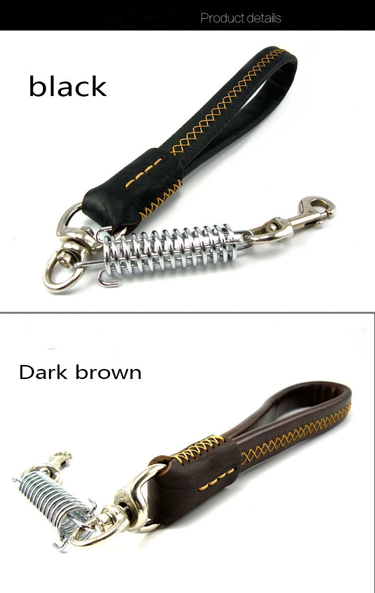 Dog Short chain leash Explosion proof large dog lead PU leather handle big dog leashes Spring buffer black metal pet traction (1)