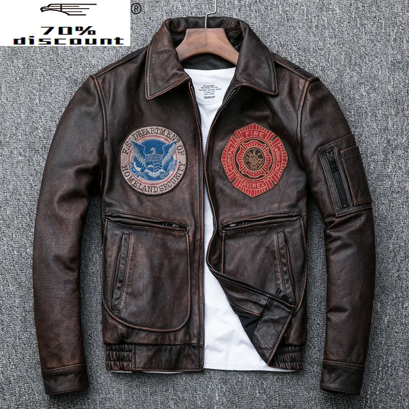 

Vintage Genuine Leather Jacket Men Real Cow Leather Flight Jacket Spring Autumn Coat for Men Casual Cowhide Jackets KJ2299