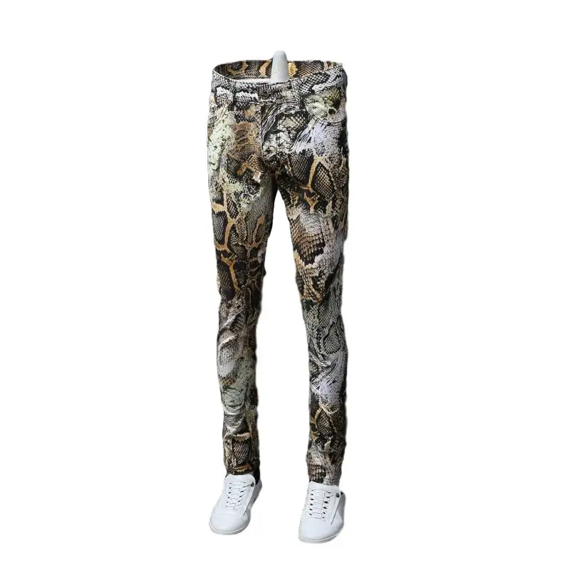 Idopy 2020 New Mens Snakeskin Printed Jeans Slim Fit Skinny Night Club Punk Cool DJ Trousers Pants Slacks For Male Plus Size | Мужская