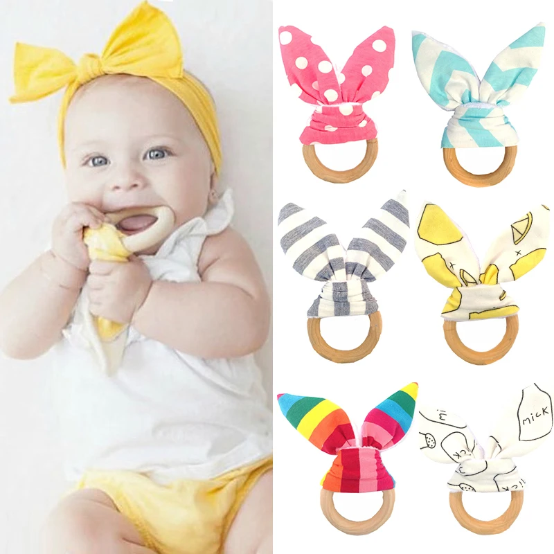 

Cute Baby Girls Boys Bunny Ear Teether Kid Safe Natural Wooden Ring Bracelet Toddle Teething Chew Toys Shower Gift For Baby Care