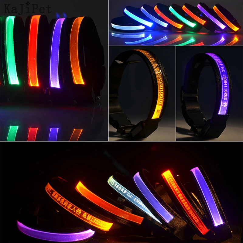 Lettering Led Dog Collar Personalized Nylon Pet Dog Tag Collar Cat Adjustable Glowing Led Light Night Safety dog collar pet collar