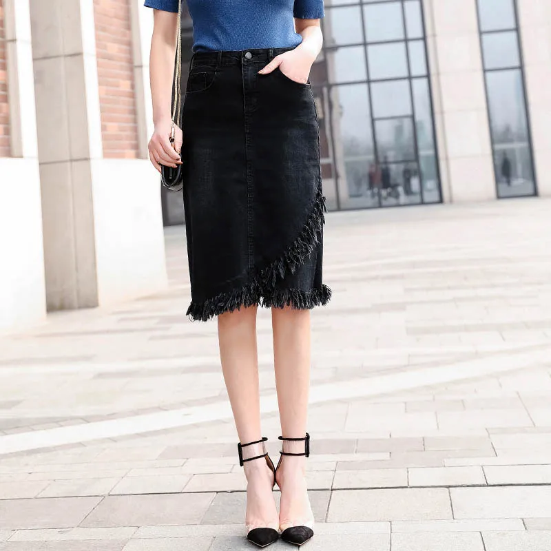 

Spring And Summer New Style Korean-style Elasticity Large Size Fat Mm High-waisted Denim Skirt Irregular Tassels Half-length Mid