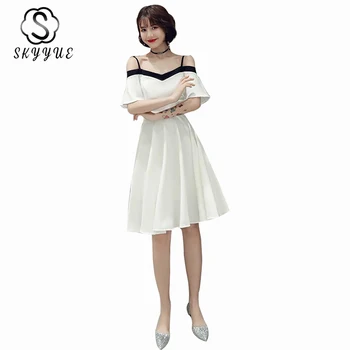 

White Prom Dresses Skyyue ER469 Boat Neck Spaghetti Strap A Line Party Dress Knee Length Vestidos De Fiesta Elegantes De Gala