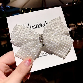 

White Pearl Hair Bows With Hair Clips For Girls Kids Boutique Layers Bling Rhinestone Center Bows Hairpins Hair Accessories
