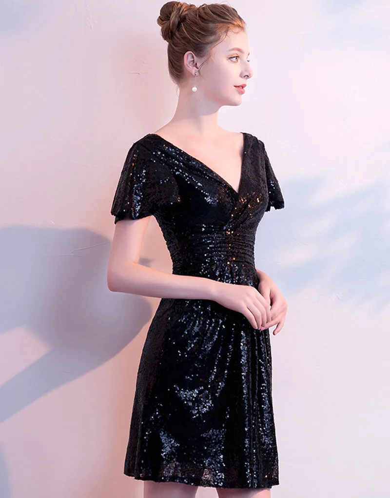 Solovedress Короткие рукава с гофрированными манжетами вечернее платье латинский танец линия Блестящий блесток формальное платье с v-образным вырезом сзади с застежкой-молнией E82
