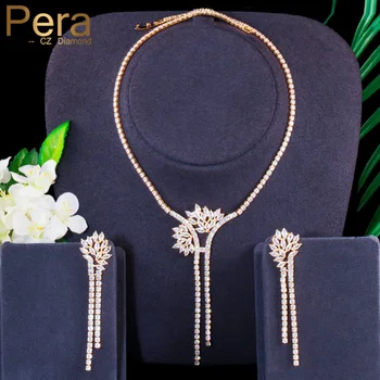 

Pera Gorgeous African Cubic Zirconia Yellow Gold Long Dangling Drop Earrings and Necklace Set for Women Wedding Jewelry J367