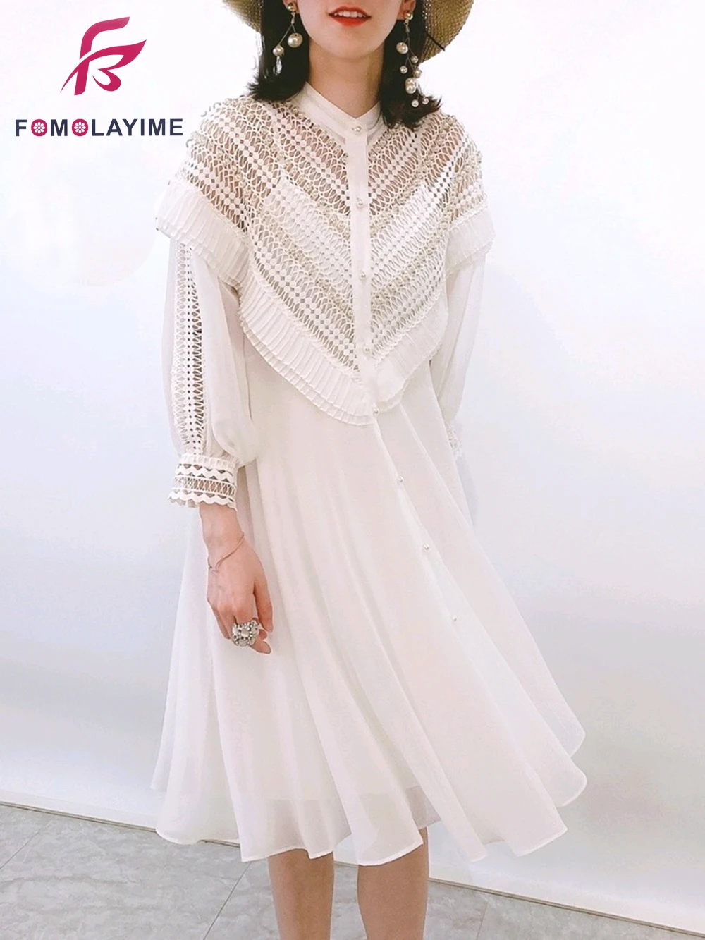 

2020 Spring Summer New Style Women Dress Nail Bead Hollow Out Single Breasted Temperament Slim Dress