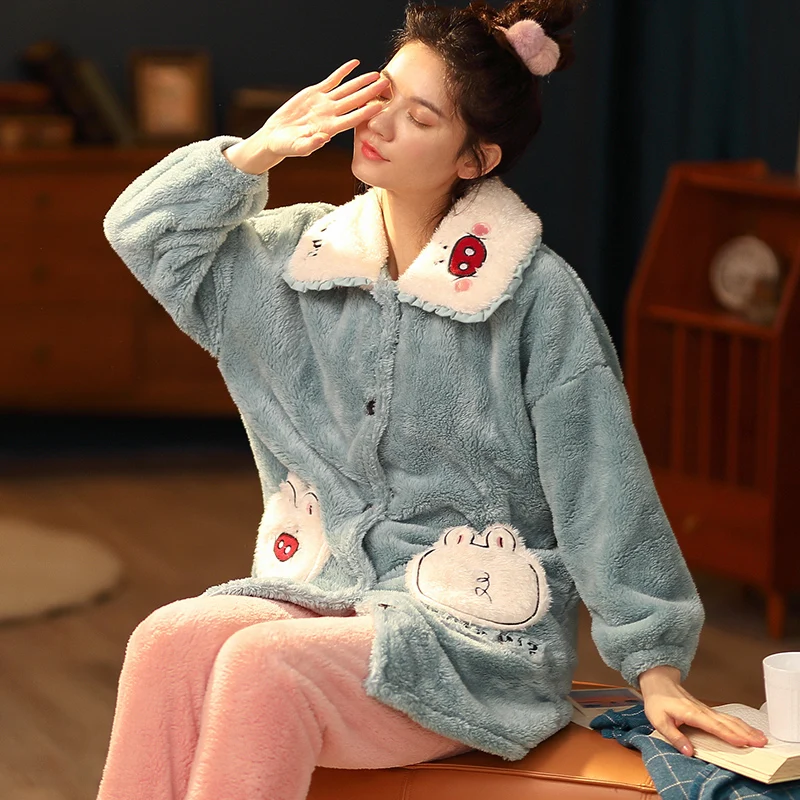 

Women Sleepwear Winter Pajamas Coral Fleece Nightgown Intensification Collar Flannel Loose Version Medium Style Keep Warm