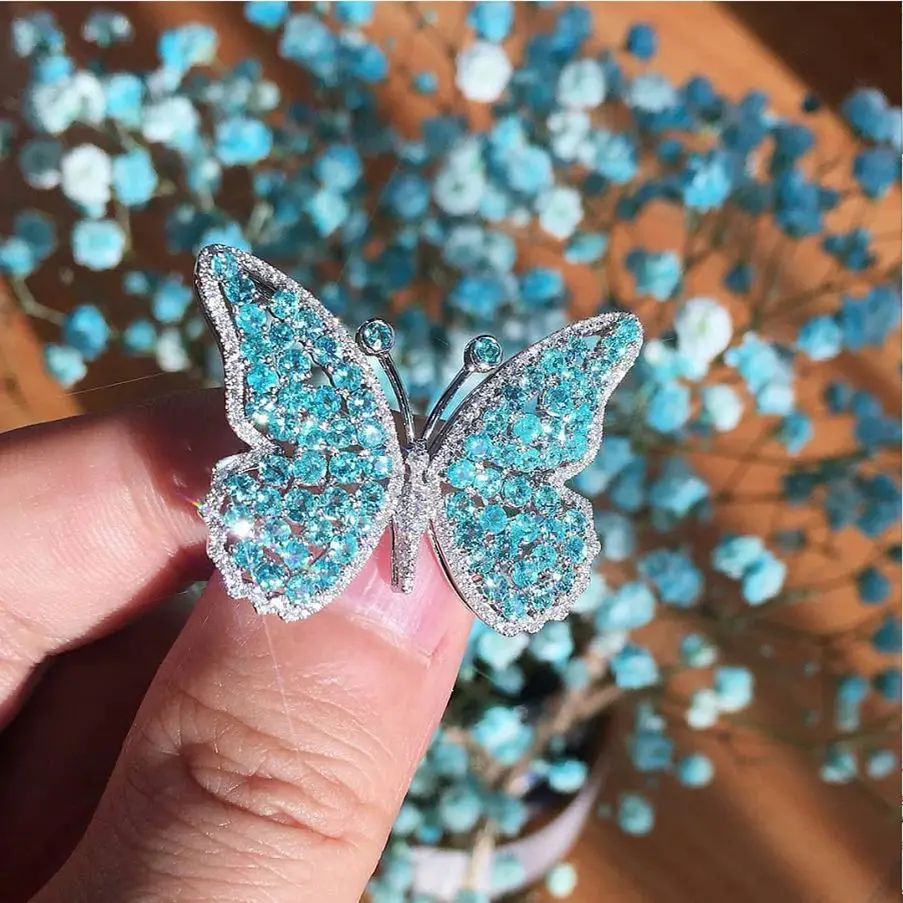 Luxury Light Blue Crystal Butterfly Rings For Women Silver Color