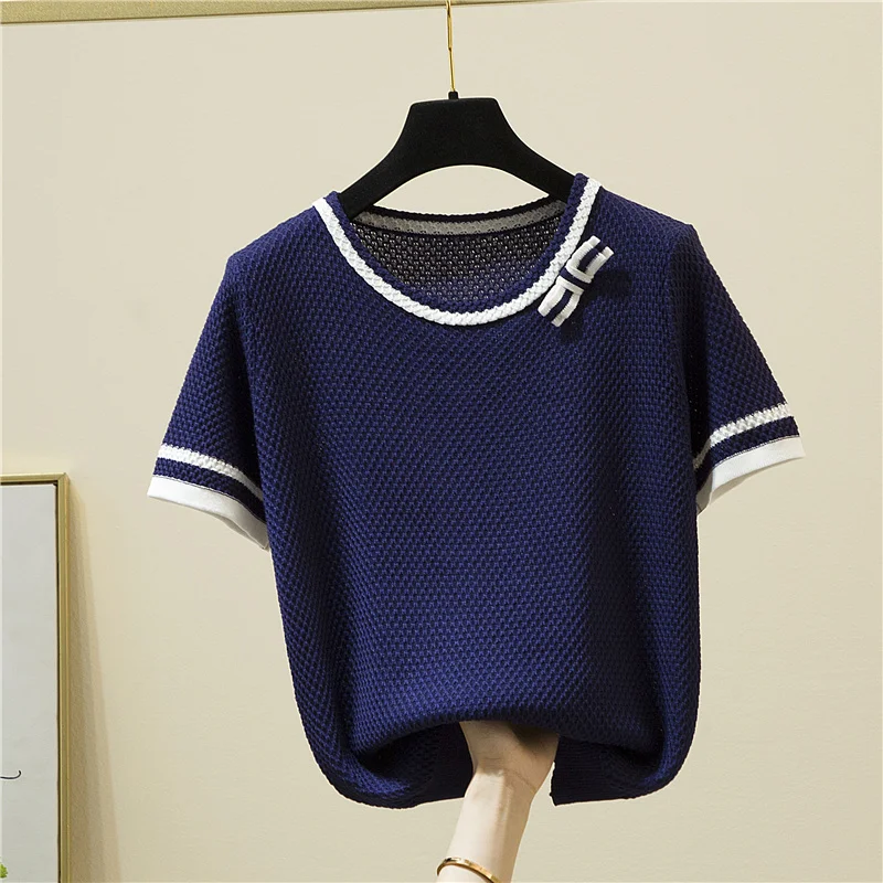 Korean Fashion Bow Patchwork Short Sleeve T-Shirt Women Elegant Summer Knitted Tees Office O-Neck Thin Woman Tshirt Tops Female