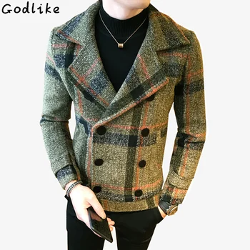

Men's autumn winter new Korean version trendy lattice thicker Double Breasted woolen coat short paragraph Slim coat jacket 5XL