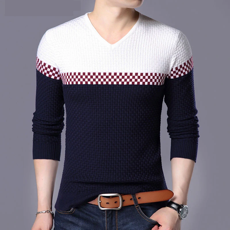 Осень Зима теплые шерстяные свитера повседневные хитовые Цветные Лоскутные пуловеры с v-образным вырезом мужской брендовый приталенный хлопковый свитер - Цвет: Navy
