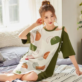 

Summer Combed Cotton Women Short Sleeve Nightdress Large Size Nightgown Cute Cartoon Print Sleep Wear Female Home Pajamas 3309