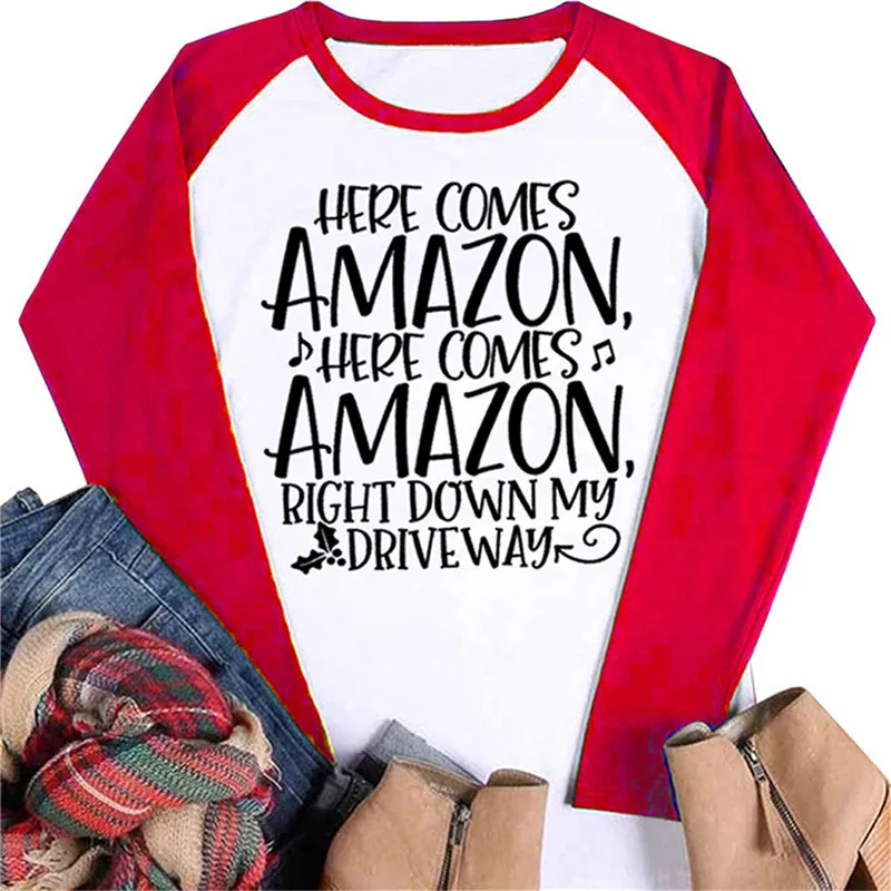 Here Comes Amazon Here Comes женская футболка с буквенным принтом с круглым вырезом и рукавом реглан, женские футболки в стиле Харадзюку, винтажная модная женская рубашка - Цвет: Красный