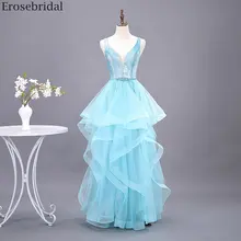 Женское вечернее платье с поясом и бусинами erosebridal голубое