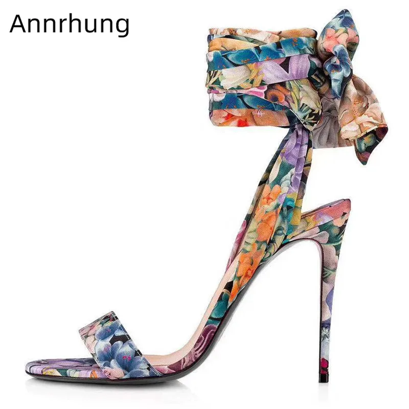 

Cross Tied High Heels Floral Printed Sandals Women Chic One Strap Sandalias Ankle Strap Butterfly Knot High Heels Sandalias 2019