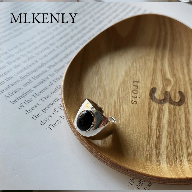 

MLKENLY S925 Sterling Silver ring INS Vintage old color Wide Mirror Reflective Black Onyx Ring For lady cocktail party de Plata