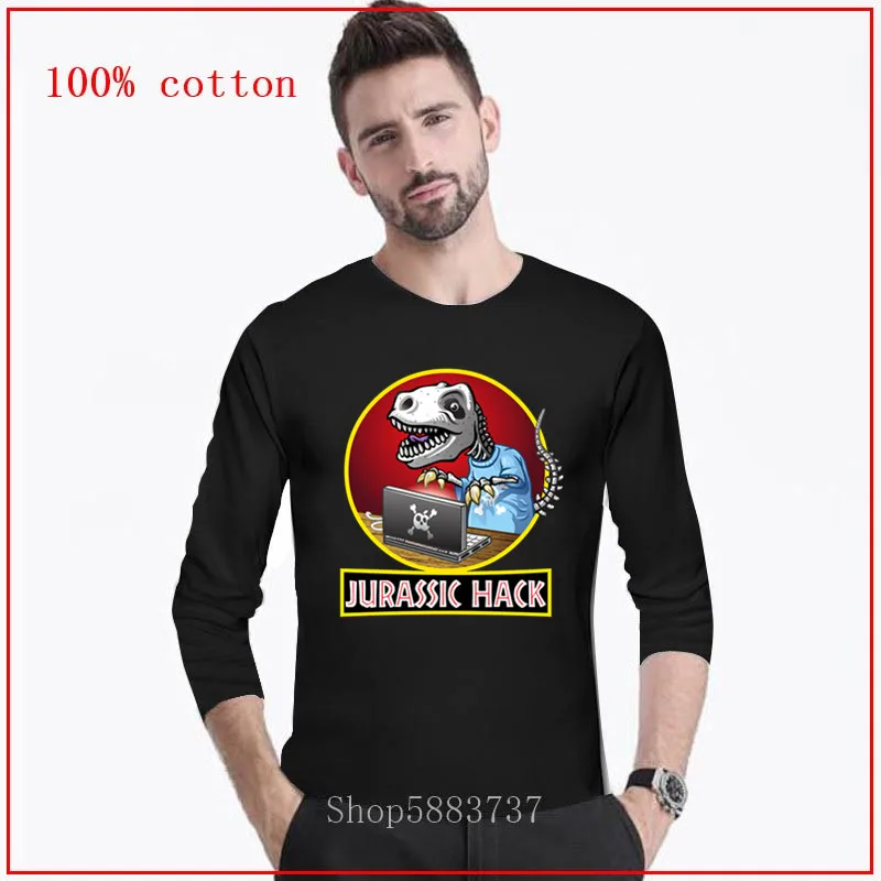 Camiseta masculina Parody Jurassic hack Long T shirt men dinosaur computer hacker Men's t-shirt Top Hipster dino park Tee | Мужская