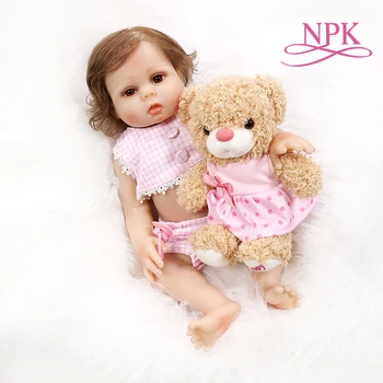 

48CM premie bebe realistic reborn full body soft slicone cuddly baby Anatomically Correct bath toy in pink dress with bear toy