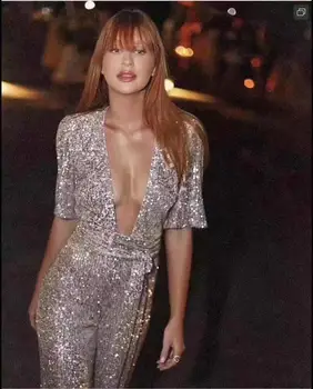 

Autumn Women Sexy Deep V Neck Short Sleeve Sequins Sashes Sliver Mesh Jumpsuit 2019 Fashion Elegant Ladies Designer Jumpsuit