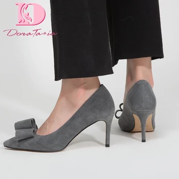 

Doratasia 2020 New Fashion Kid Suede Thin High Heels Shoes Woman Pumps Pointed Toe Slip-On Bowtie Concise Pumps Women Shoes