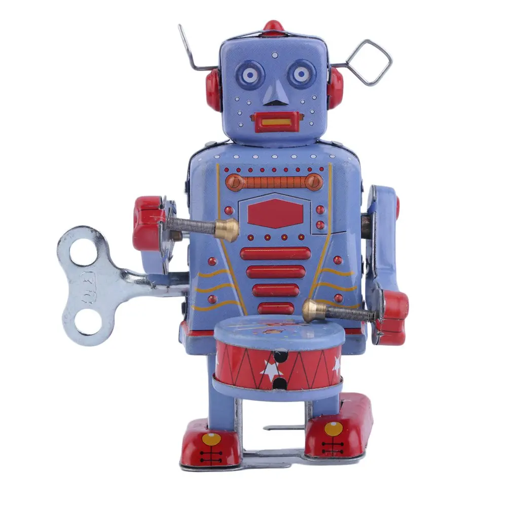 OCDAY Vintage Drumming Robot Metal Tin Clockwork Wind Up Tin Figure Toy Collectible Classic Toys For Boy Kids Christmas Gifts