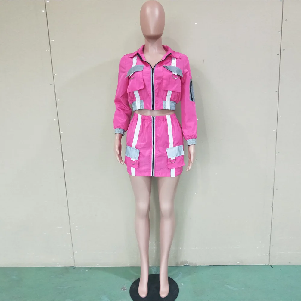 ANJAMANOR отражающий неоновый цвет блок сексуальный комплект из двух предметов женская осенняя одежда уличная мода 2 шт юбка наборы D58-AE86