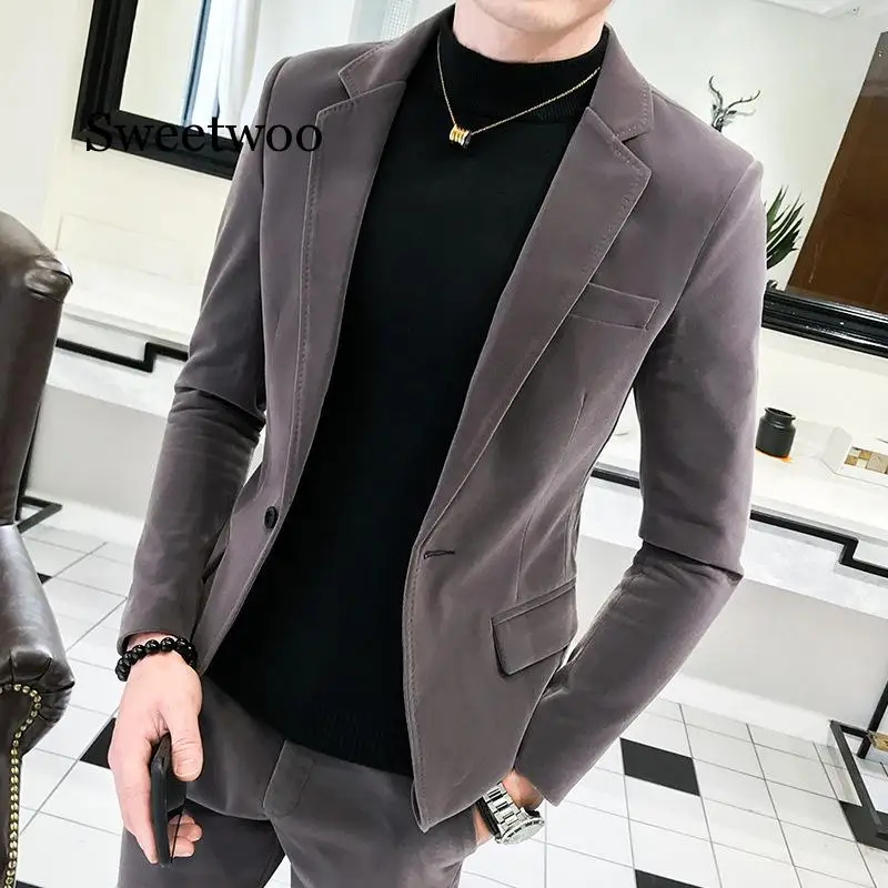 2020 Autumn New Style Men's Suede Blazer Stylish Slim Fit Single-Button Plain Jacket Suit Pants Set | Мужская одежда