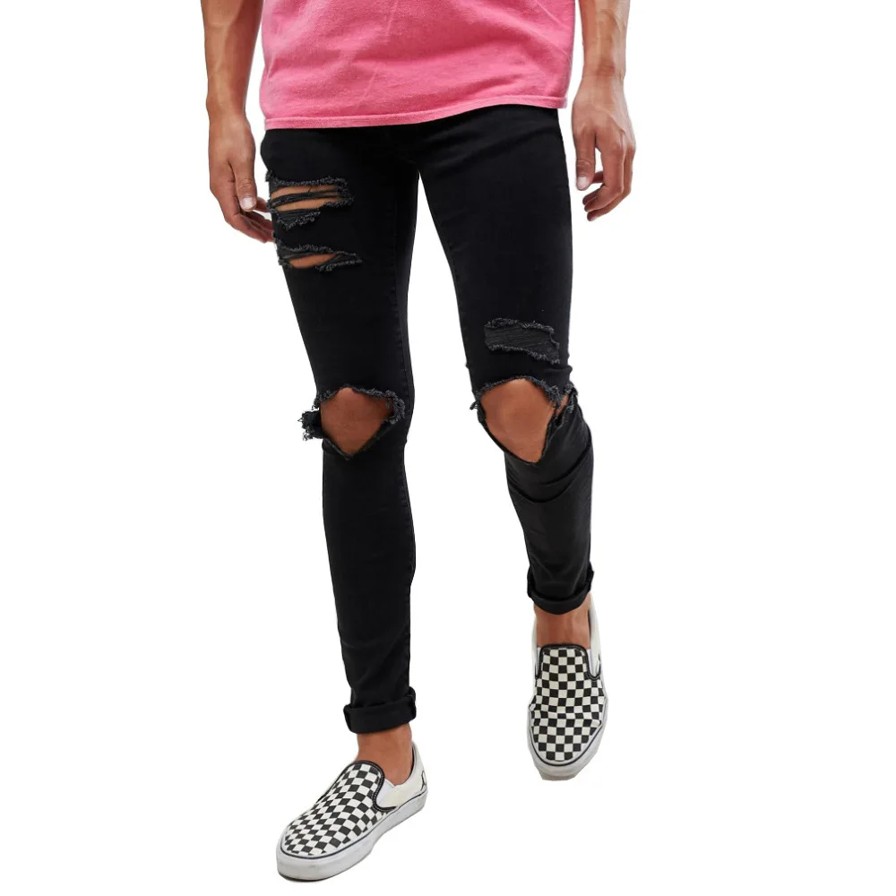 2020 Hip Hop Sknny Jeans Men Solid Hole Black Fashion Pleated Long Length Pants Mens Ripped | Мужская одежда