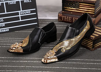 

Luxury Metal Pointed Toe Genuine Leather Casual Men Shoes Business Leisure Party Shoes Fashion Sequins Design Career Show Shoes