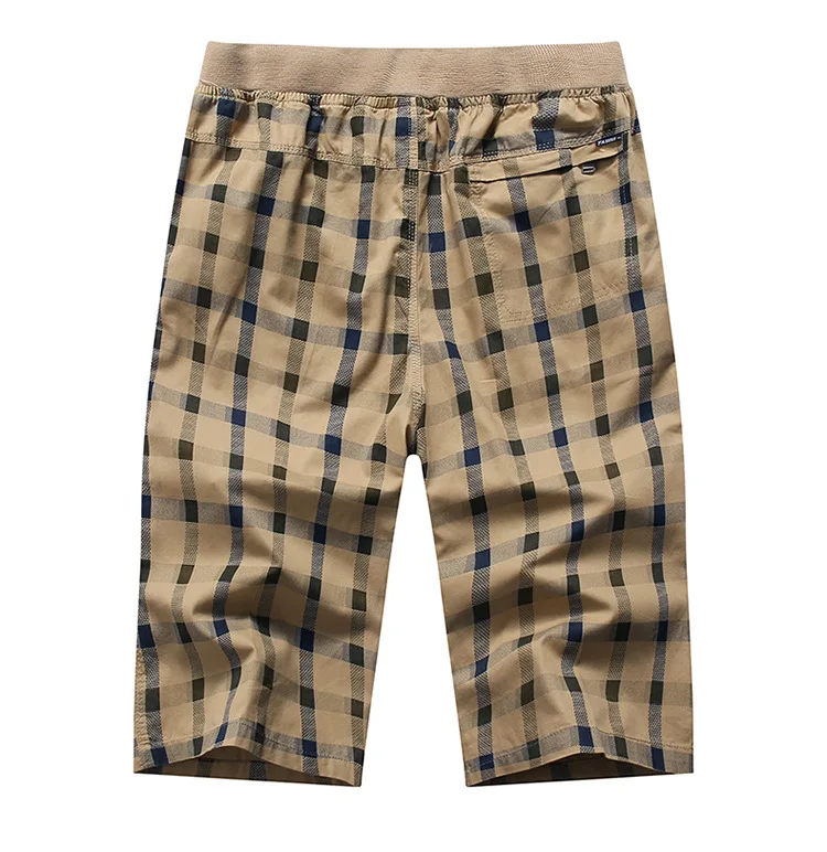 Long Shorts Men Plaid Capris Cotton Summer 3/4 Length Trousers Back Zipper Pocket Bermuda Male Vogue Elastic Waist Breeches Men