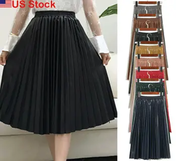 

Women High-waist Pleated PU Leather Skirts Skater Casual Maxi Skirt Long JS020