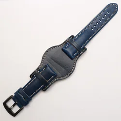 Handmade Genuine Leather Men's Watch Strap - Premium Watchband Bracelet - 22mm (Blue black buckle)
