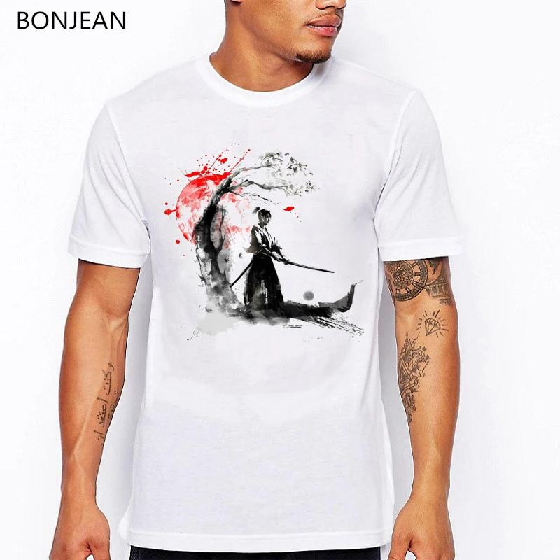

vintage t shirt men Japanese Samurai tshirt homme ink red sunset Cherry Blossom print t-shirt men aesthetic clothes streetwear