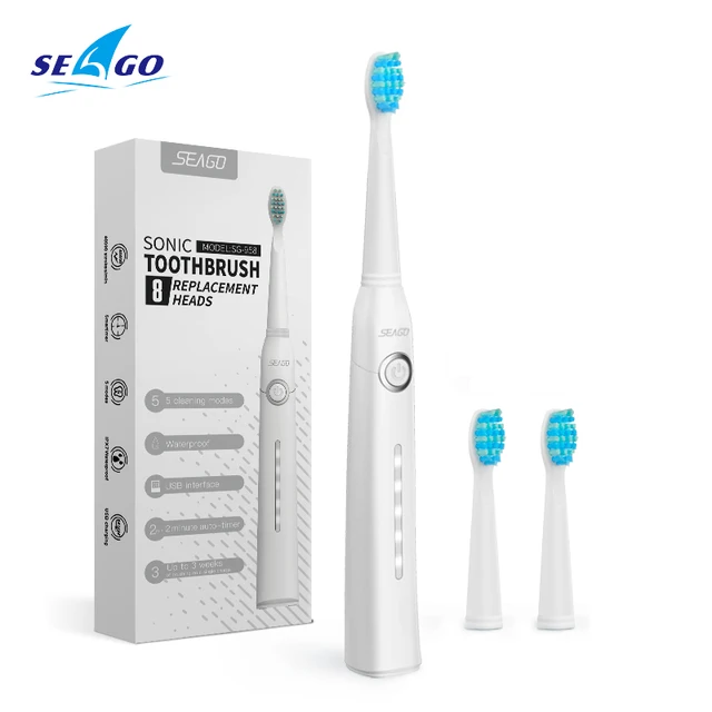 Seago Sonic Electric Toothbrush Tooth brush USB Rechargeable adult Waterproof Ultrasonic automatic 5 Mode with Travel case white 3 heads