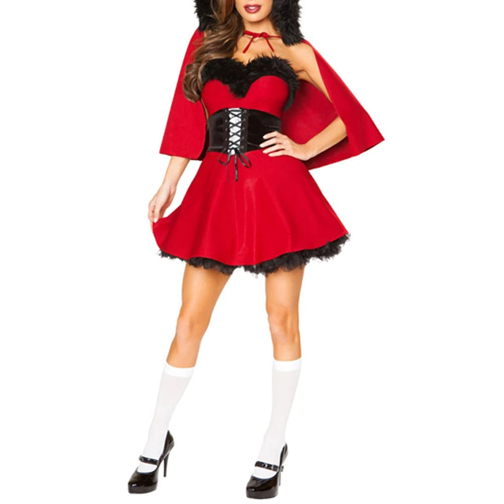 Рождественское платье для взрослых женщин Сексуальная Милая Красная Шапочка Рождественская форма платье+ плащ с капюшоном+ поясная печать 11