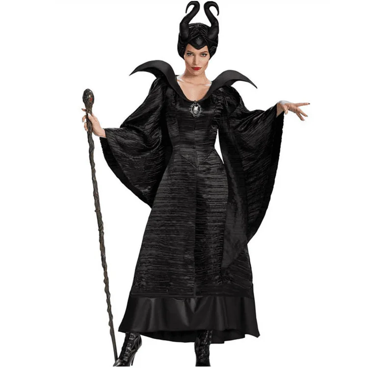 Black Long sleeve Carnival Lady Maleficent Costume Fairy Demon Evil Witch Cosplay Halloween Party Fancy Dress Plus Size Costume