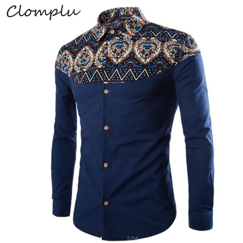 Clomplu рубашка в африканском стиле Dashiki тонкая Модная Повседневная рубашка с принтом Мужская Дашики с длинными рукавами африканская мужская одежда Этническая Одежда - Цвет: Navy